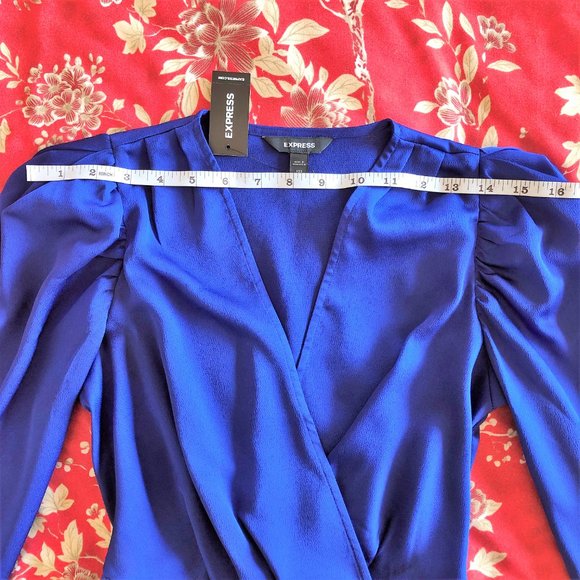 *NEW WITH TAGS* Cobalt Blue Satin Faux-Wrap Peplum Blouse by Express - Size XXS - Picture 11 of 16